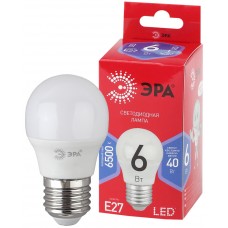 Лампочка светодиодная ЭРА LED P45-6W-865-E27 R ЭРА (диод, шар, 6Вт, хол, E27) Китай